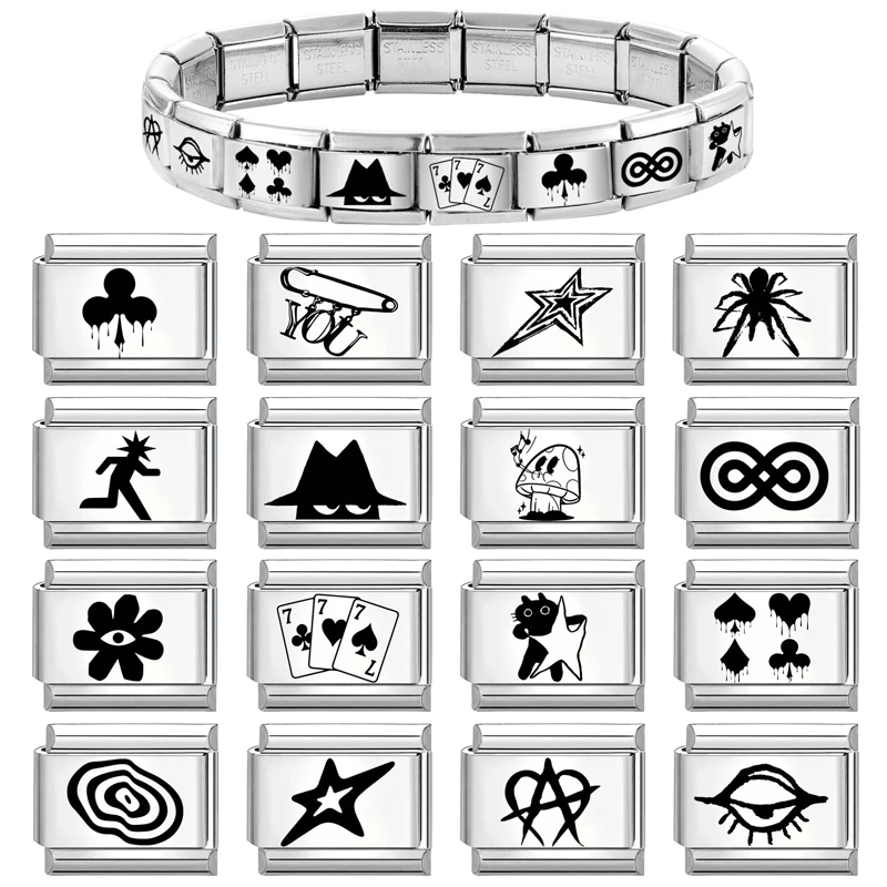 Cartoon Cute Black Playing Cats Laser Engraving Italian Charm Links Stainless Steel Fit 9mm Bracelet Men Women DIY Making Gifts