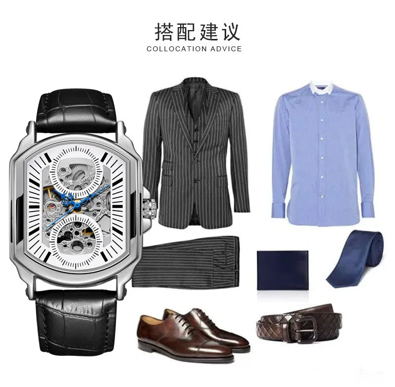 Relógio mecânico de bronze antigo - relógio automático quadrado genuíno, relógio de pulso masculino estilo europeu