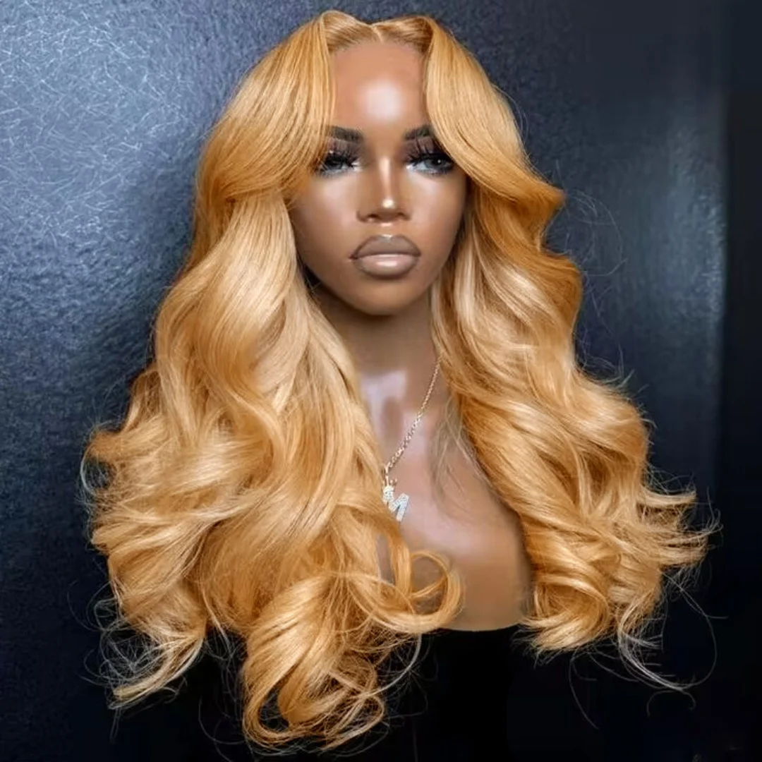 Perruque Lace Front Wig synthétique ondulée, cheveux de bébé, pre-plucked, blond miel, densité 180%, pour femmes