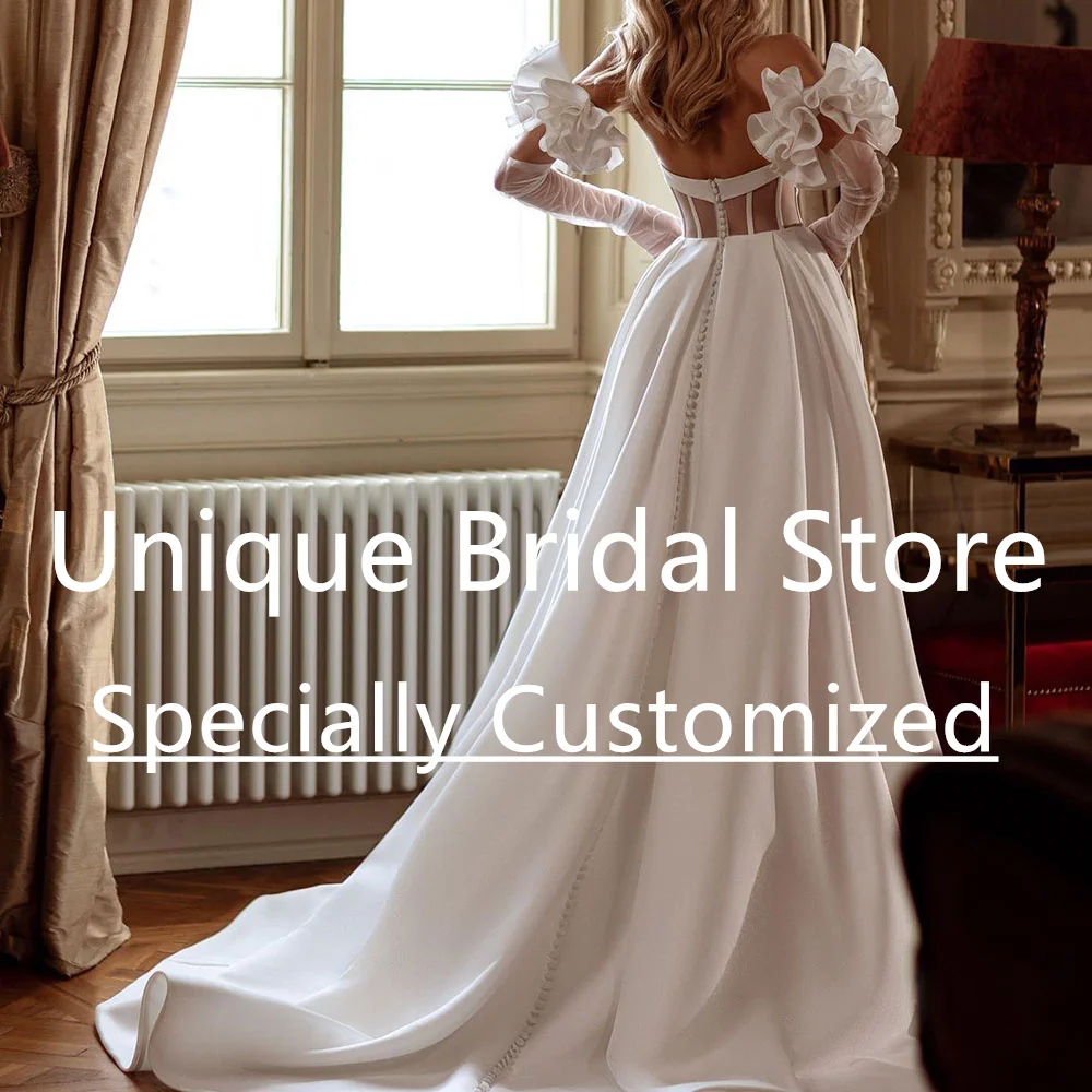 A-Line Satin Wedding Gown Draped Off The Shoulder High Split Elegant Vestido De Noiva Backless Button Court Train Bridal Dress