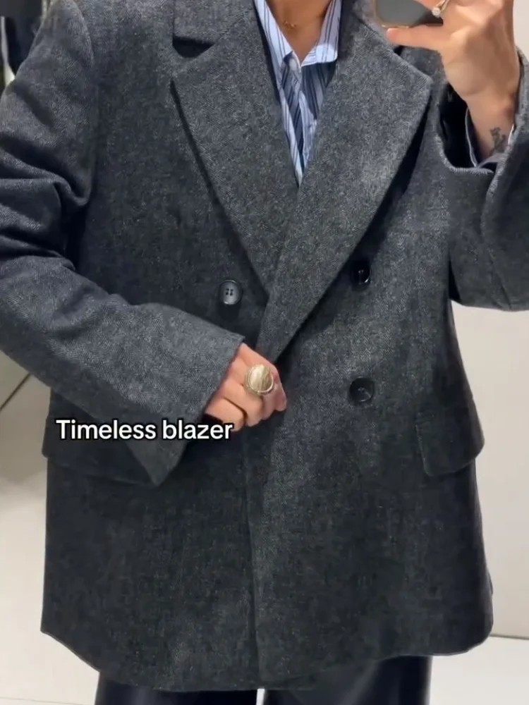 سترة صوفية رمادية أنيقة للنساء معطف فضفاض بأكمام طويلة وطية صدر السترة للسيدات موضة خريف 2025 معاطف للسيدات للمكتب #3