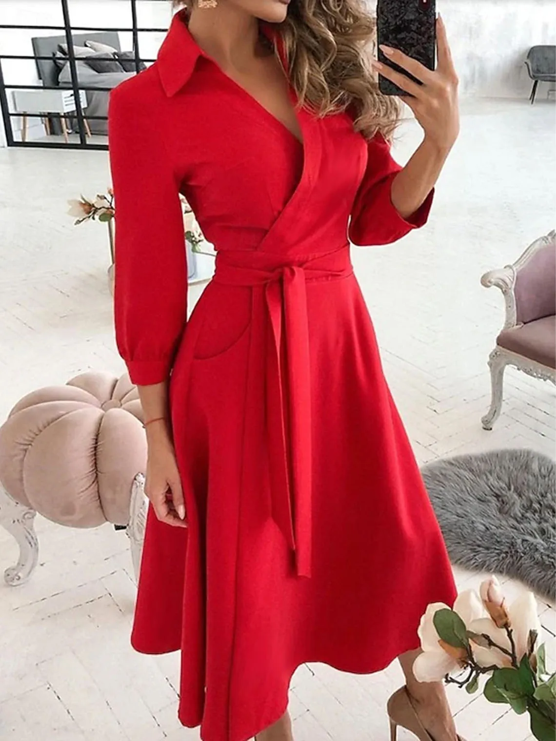 

Elegant Fashionable A-Line Evening Gown Knee Length Shirt Collar Short Sleeve Stretch Fabric Sash Prom Gown 2025 free customized