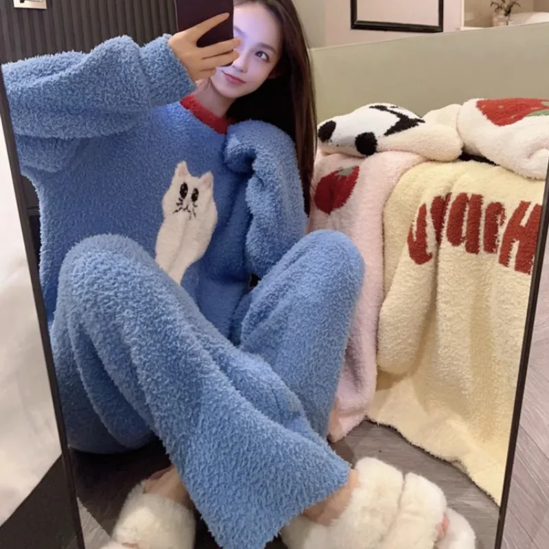 Half Side Velvet Goose Women's Plus Velvet and Thick Coral Velvet Sleepwear Suit  Autumn and Winter Home Wear Age Reduction Girl