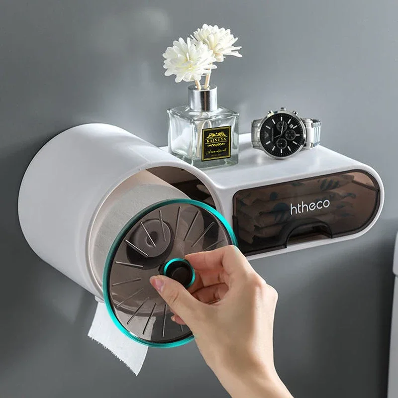 Bathroom Toilet Paper Holder Waterproof Wall-Mounted Tissue Box Multifunctional Storage Rack Roll Paper Storage Box