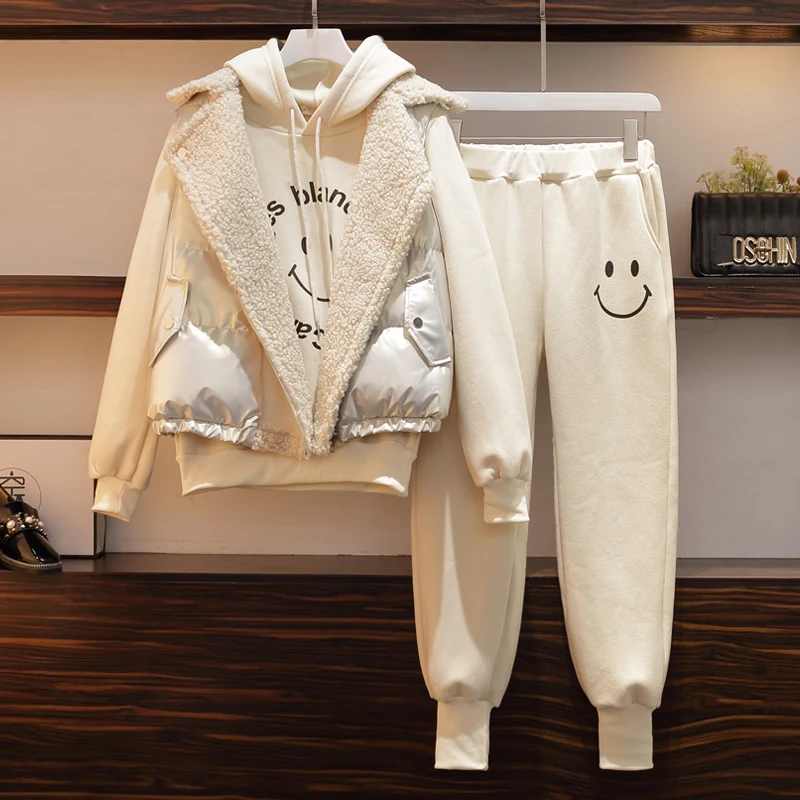 

4XL Plus Size Women Winter Warm Sports Suit Hooded Sweatershirt Jacket Coat Top And Pant Three Piece Set Tracksuit Outwear