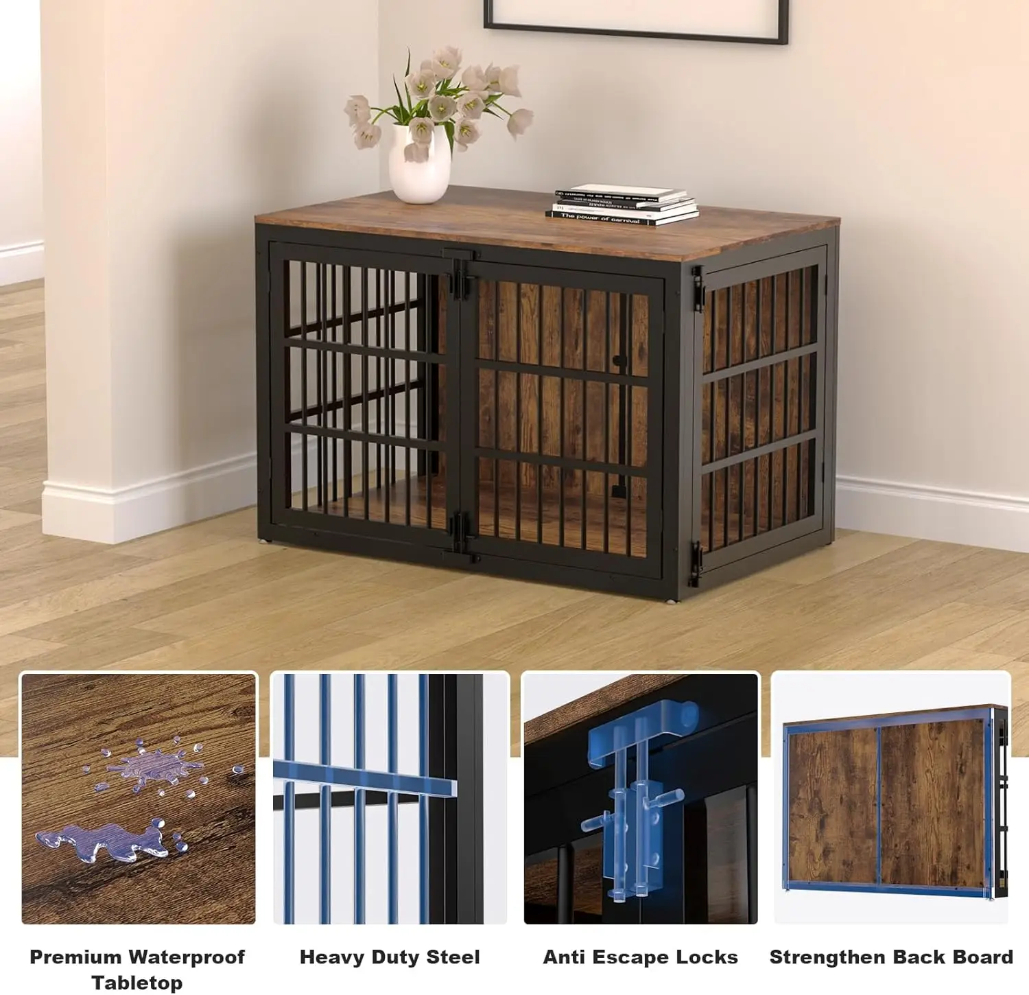 أثاث قفص للكلاب عالي التحمل مقاس 48 بوصة، بيت قفص خشبي للكلاب الكبيرة والكبيرة جدًا، بيت كلب داخلي مع باب جانبي،