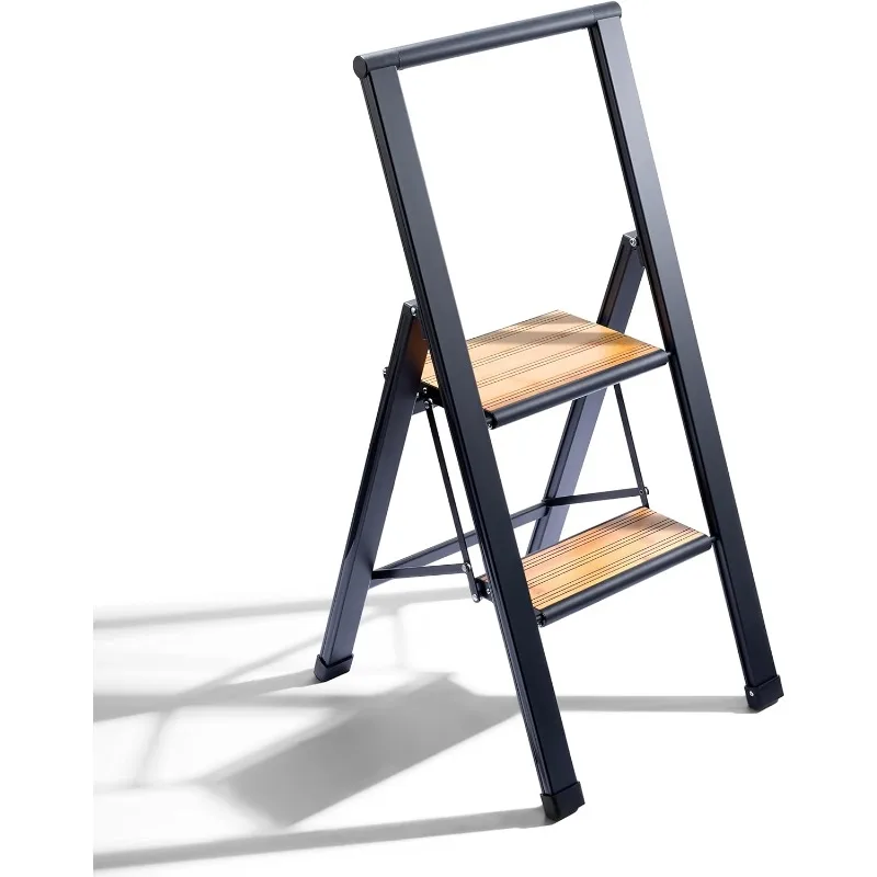 

Step Ladder 2 Step Folding, Decorative - Beautiful Bamboo & Black Aluminum, Ultra Slim Profile, Anti Slip Steps, Sturdy-Portable