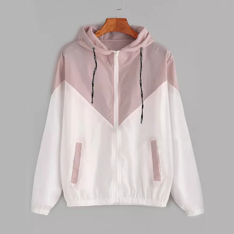 Women Basic Hooded Jacket 2024 Spring Casual Zipper Pockets Jackets Coats Female Long Sleeve Two Tone Windbreaker Jacket