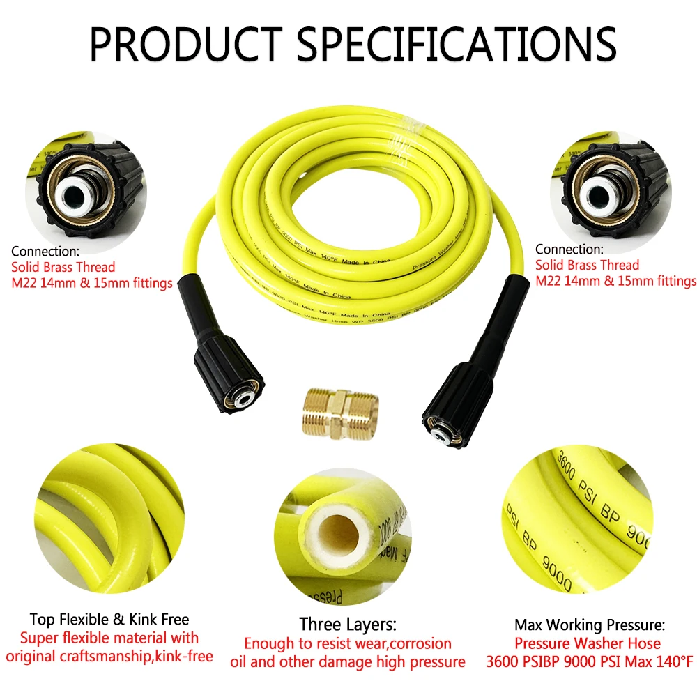 Daily high-pressure cleaning hose M22-14mm to M22-15mm extension connector kit Super Flexible Pressure Washer Hose 0.5M-30M