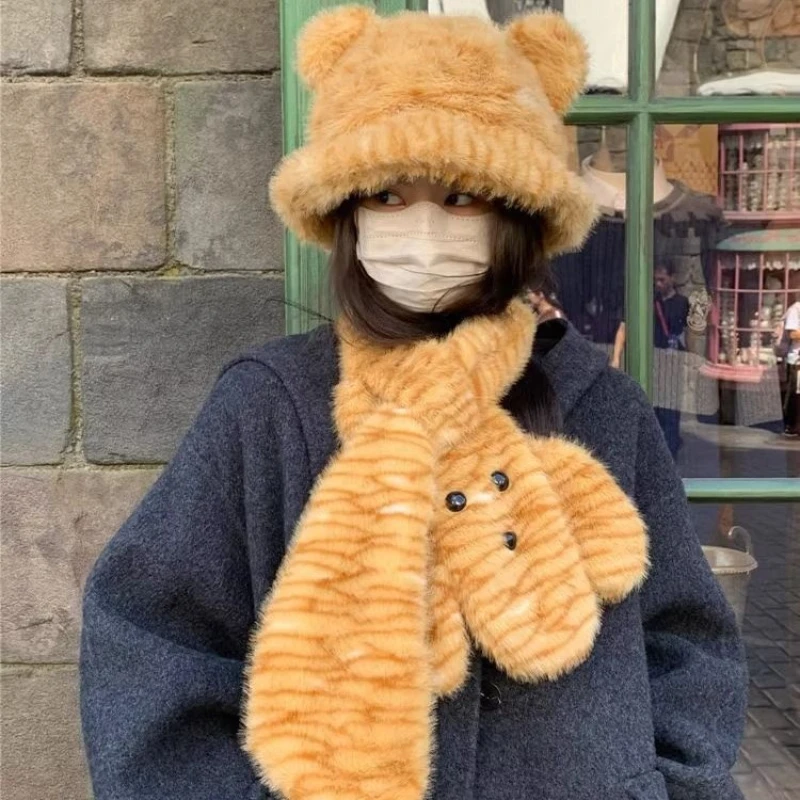 Winter Hat Scarf Sets for Women Thickened Warm Plush Scarf All-in-one Hooded Scarf Three-in-one Cute Bear Ear Hat Female