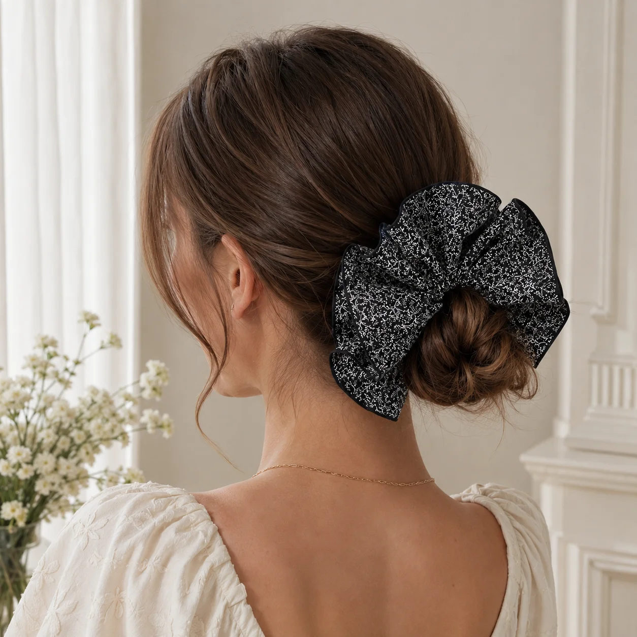Large Floral Scrunchie Oversized Ruffle Hair Tie Elastic Ponytail Holder Hair Accessory for Women Girls