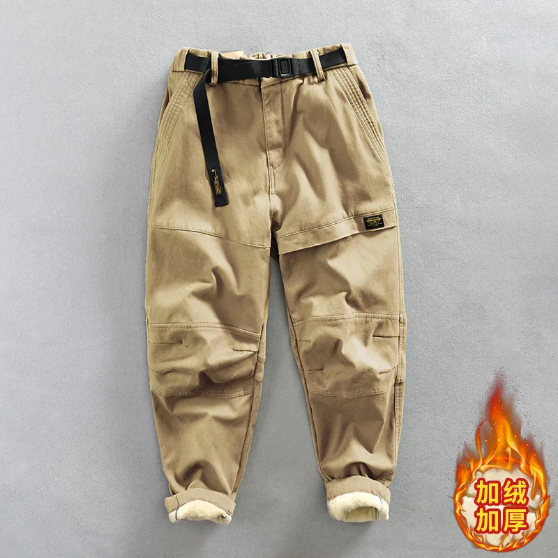 Winter Pants Men Outdoor Man Pants Casual American Style Khaki Cargo Pant Fleece-lined Pencil Pants Men Loose Keep Warm Trousers