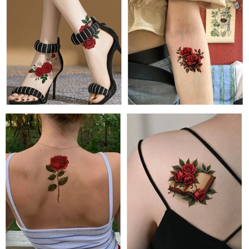 ملصقات وشم على الطراز القوطي على شكل وردة حمراء واقعية مع تصميم جمجمة لمكياج الهالوين الليلية والحفلات الليلية #4