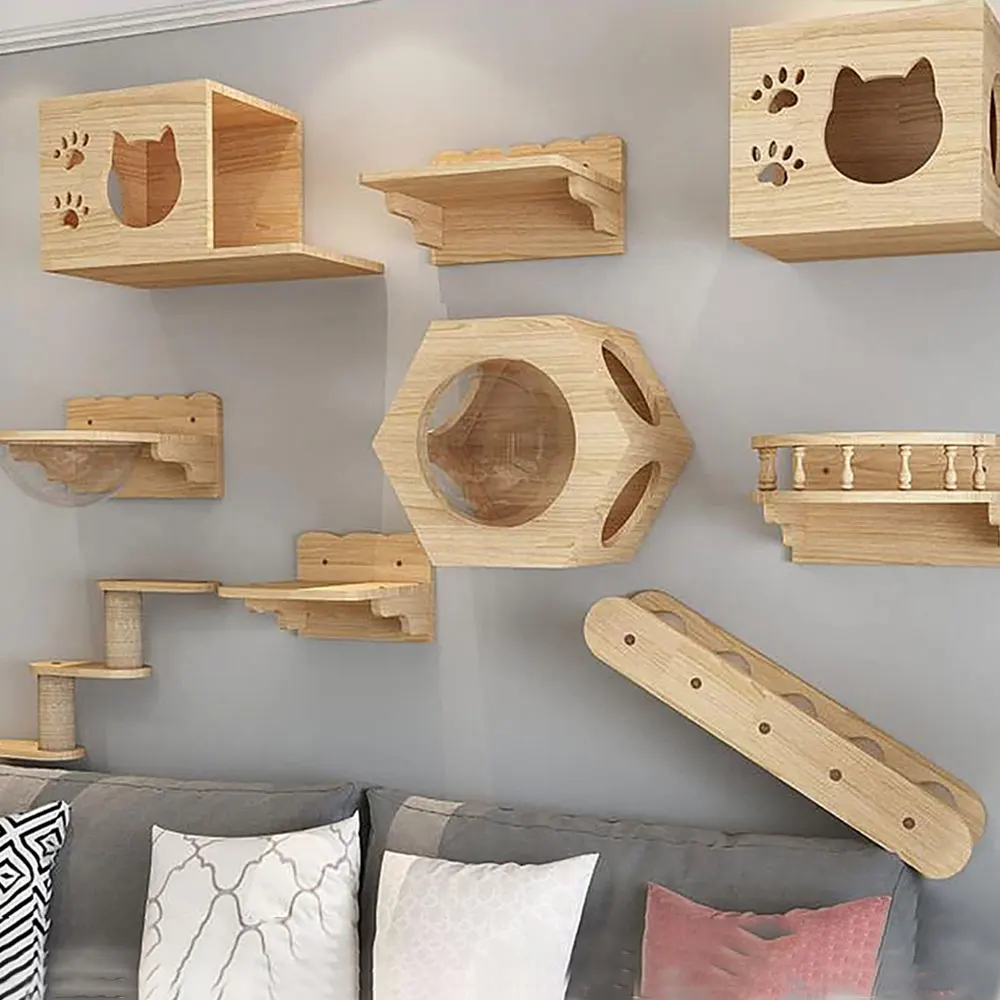 

Cat Wall Mounted Shelves Climbing Ladder Cat Bridge Step and Platform with Scratching Post for Grinding Claw and Playing