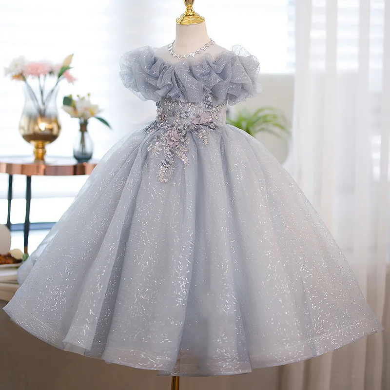 

1-12 Yrs Kids Dress for baby Girls Luxurious Wedding Birthday Party Sequin grey petal Princess Ball Long gown Children’s Dress