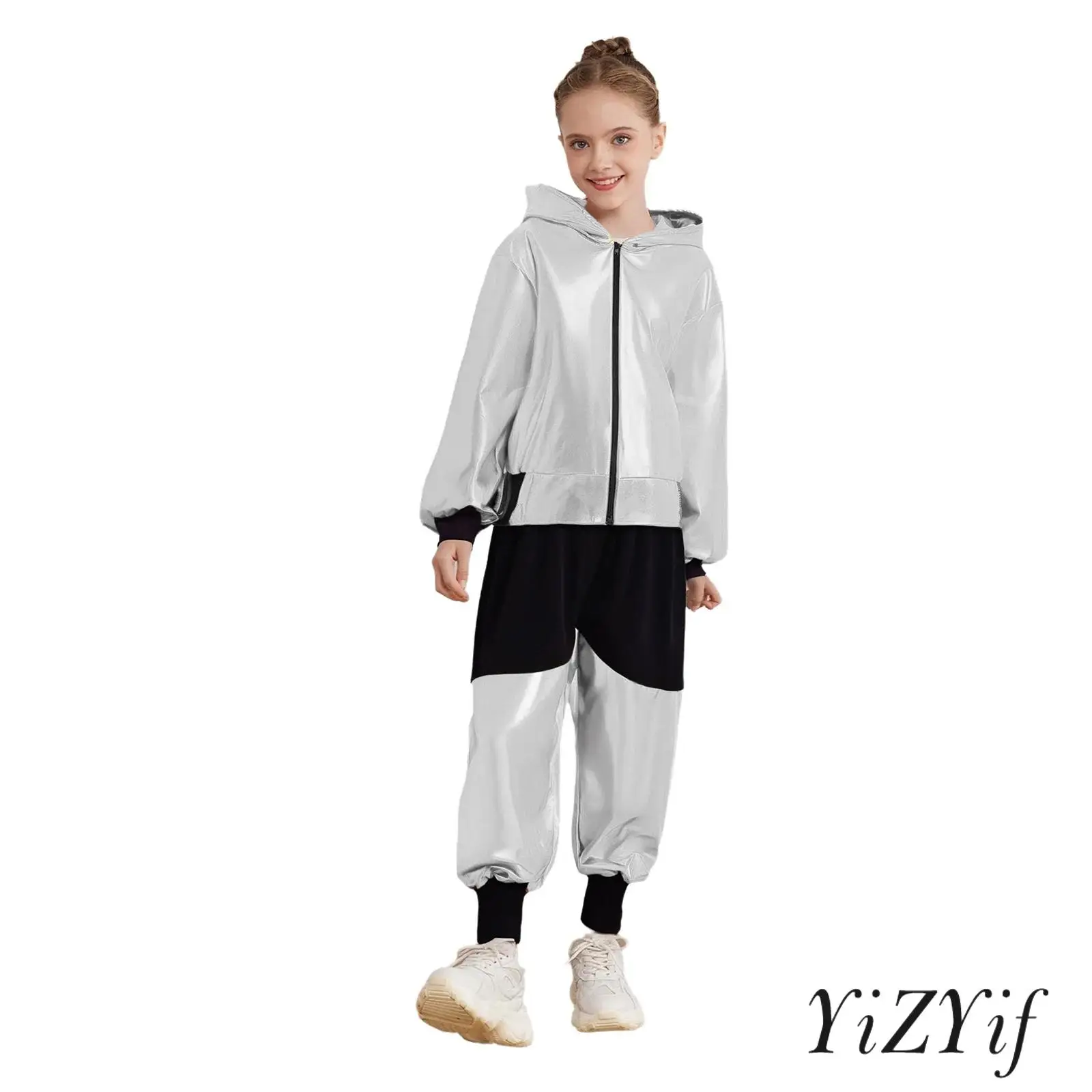 

Vibrant Jazz Hip Hop Street Dance Outfit for Boys And Girls Long Sleeve Zipper Fashion Hooded Jacket with Elastic Waist Pants