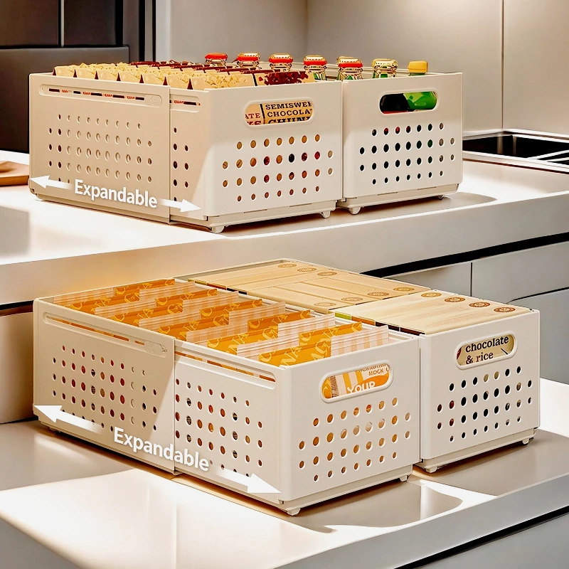 Expandable Pull Out Cabinet Organizer Plastic Storage Basket with Wheels Adjustable Kitchen Drawer Bin for Pantry Snack Sundries