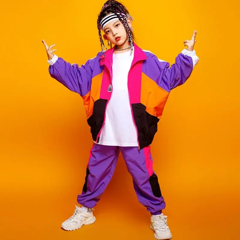 Boys Hip Hop Contrast Coat Girls Jazz Joggers Clothes Set Kids Street Dance Patchwork Jacket Sweatpants Child Costume Streetwear