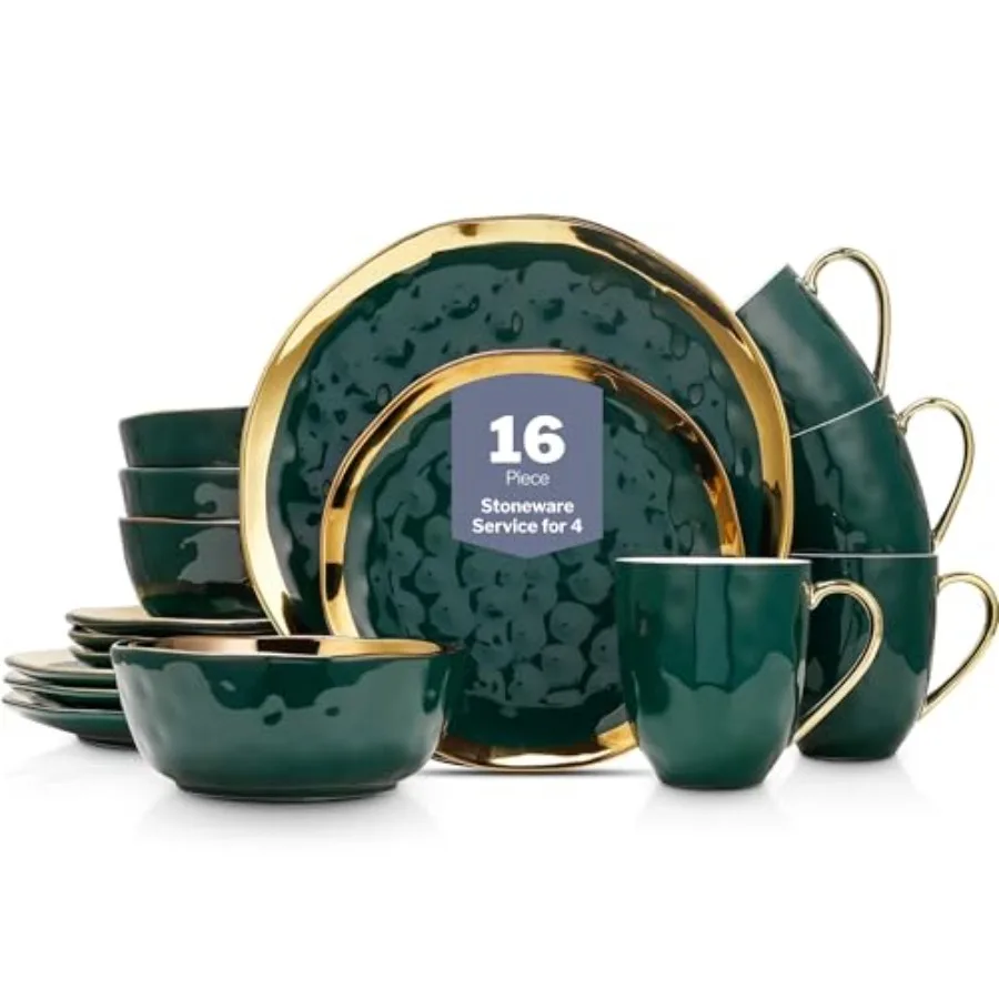

Florian Modern Porcelain 16 Pcs Dinnerware Set, Plates and Bowls Set, Dish set for 4, Green and Golden Rim