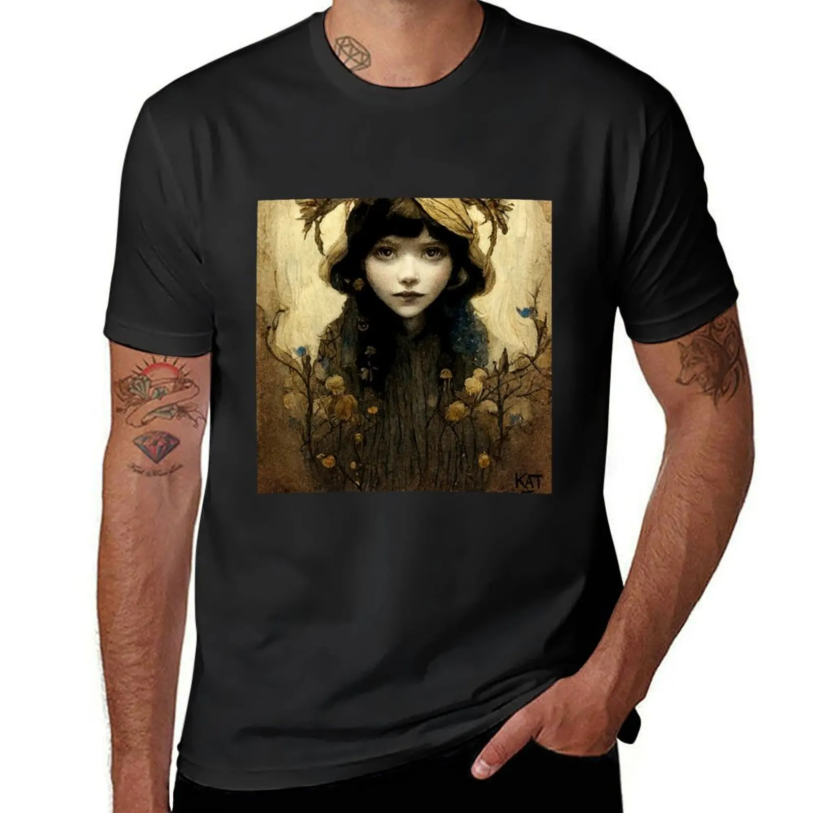 Faerie in Sepia with tiny bluebirds T-Shirt summer top tops vintage clothes t shirt for men