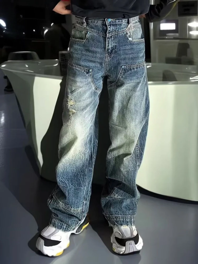 

Женские широкие потертые джинсы в уличном стиле, осенние брюки, крутые штаны для девочек, винтажные женские брюки унисекс с высокой талией и дырками