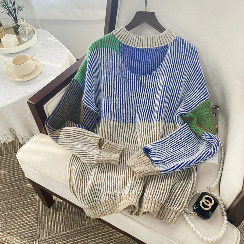 Women Blue Striped Knitted Pullover Sweater Harajuku Y2k Korean Long Sleeves O-Neck Oversize Sweaters Vintage 2000s Clothes 2025