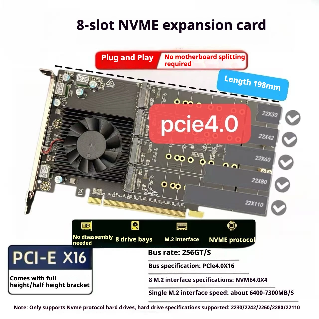 

Split-free, drive-free 8-disk m.2 PCIe 4.0 expansion card, full height/half height, silent PFX52G4 chip