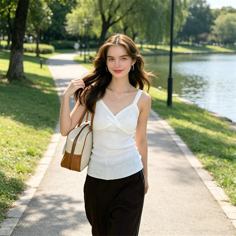 Design-Inspired Early Spring New Style Elastic Slim-Fit Versatile V-Neck Knit Camisole Sweet Girly Style Tank Top for Women