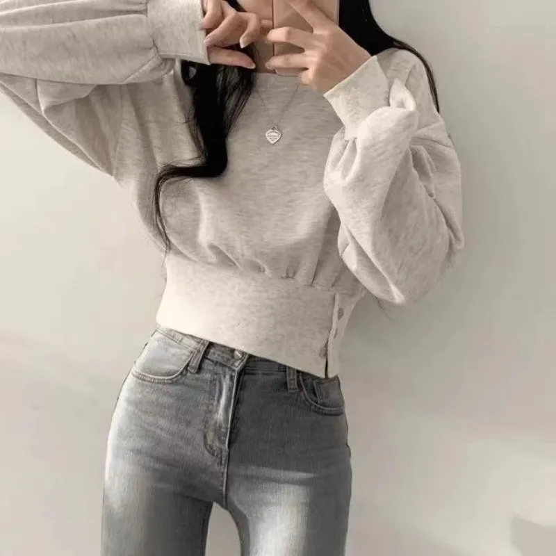 Korean Fashion Women Pullover Sweater Autumn Round Neck Waist Jumper Blouse Solid Colour Long-sleeved Short Section Tops Female