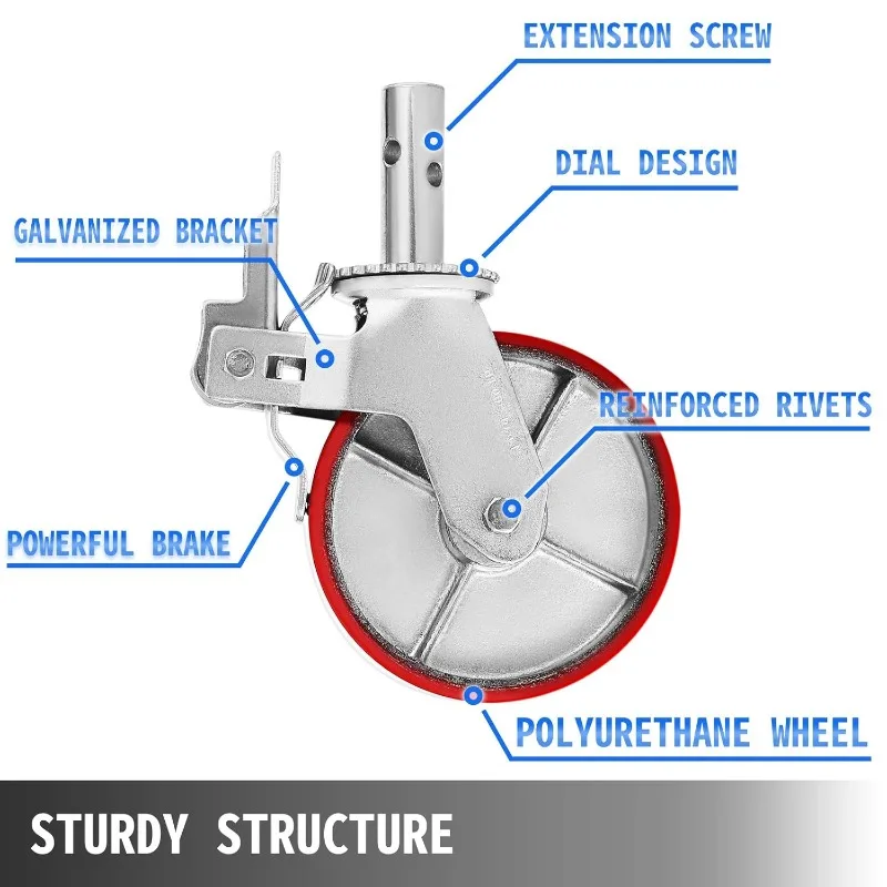 Conjunto de rodas de andaime, rodízios de andaime resistentes de 4 pacotes de 8", com 4400 libras por conjunto e rodízios de haste de travamento com freio,