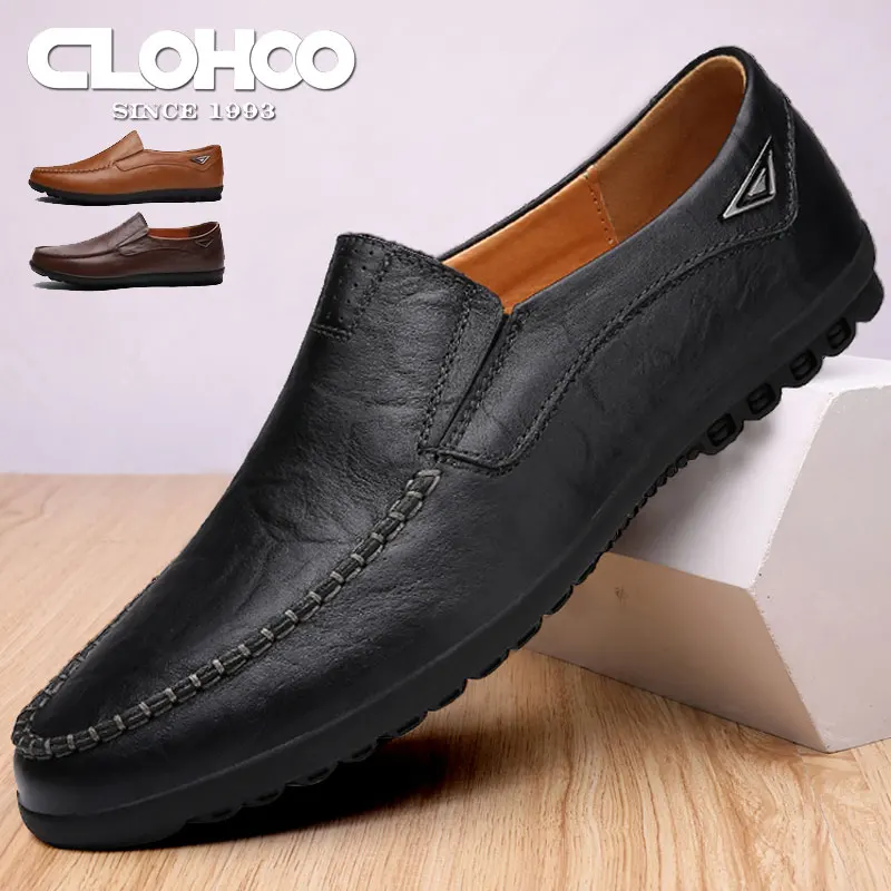 CLOHOO Men's Handmade Casual Loafers Anti-Slip Comfortable Slip-On Driving Comfortable Leather Shoes