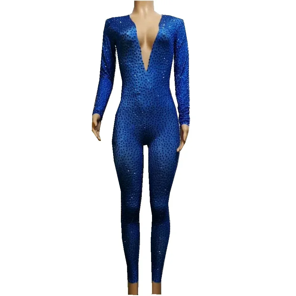 Women One Piece Stretch Bodysuit Nightclub Party Outfit Singer Dancer Performance Costume Sparkly Full Blue Rhinestones Jumpsuit