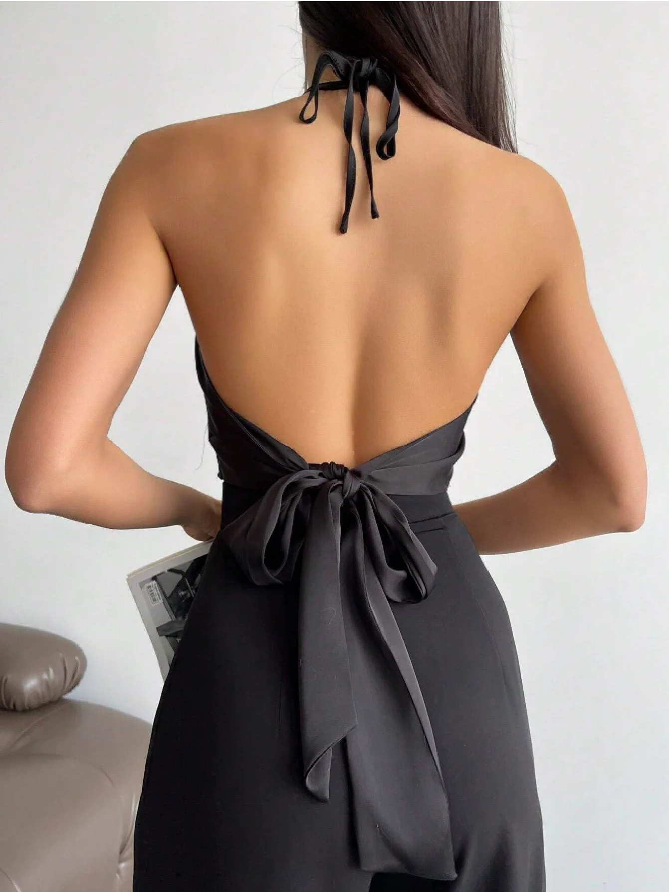 Women's Black Satin Halter Top Backless Tie-Up Crop Top with Metal Ring Accent women's summer tank top
