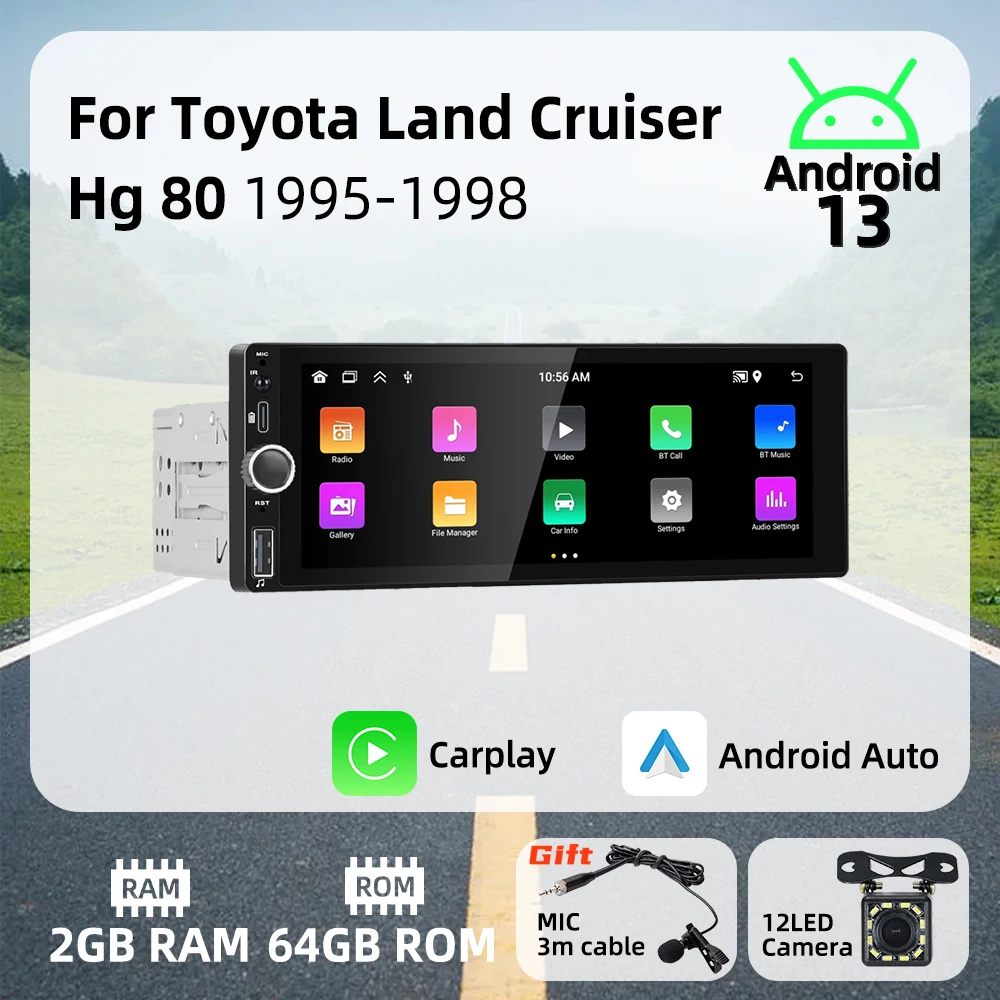 Carplay Android Auto Android Car الوسائط المتعددة 1 Din راديو لتويوتا لاند كروزر Hg 80 1995-1998 6.86 "شاشة وحدة رأس ستيريو #1