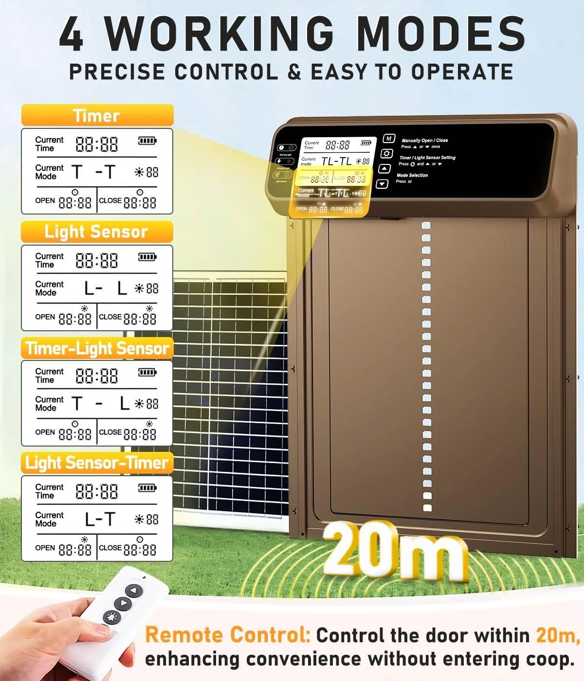 Chicken Door, Solar Chicken Coop Door Anti-Pinch | 20M Remote Control | Higher Capacity Battery | Larger Solar Panel