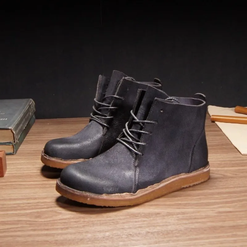 Vintage Washed Cow Leather Men Desert Boots Hand Dyed Distressed Cowhide Flat Crepe Sole Lace-up Casual Handmade Ankle Boots