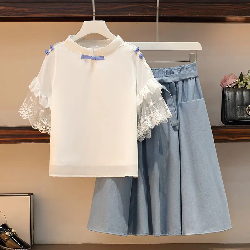 Women\'s Summer Sweet Bowknot Lace White Shirt Midi Skirts Two Piece Dress Set Korean Student Casual Daily Top Skirt Outfits 2022