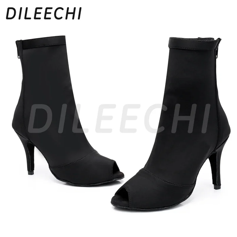 DILEECHI Latin Shoes Dance Boots Women Black Stretch Cloth Salsa Party Wedding Ballroom Dancing Shoes High Heels Soft Outsole