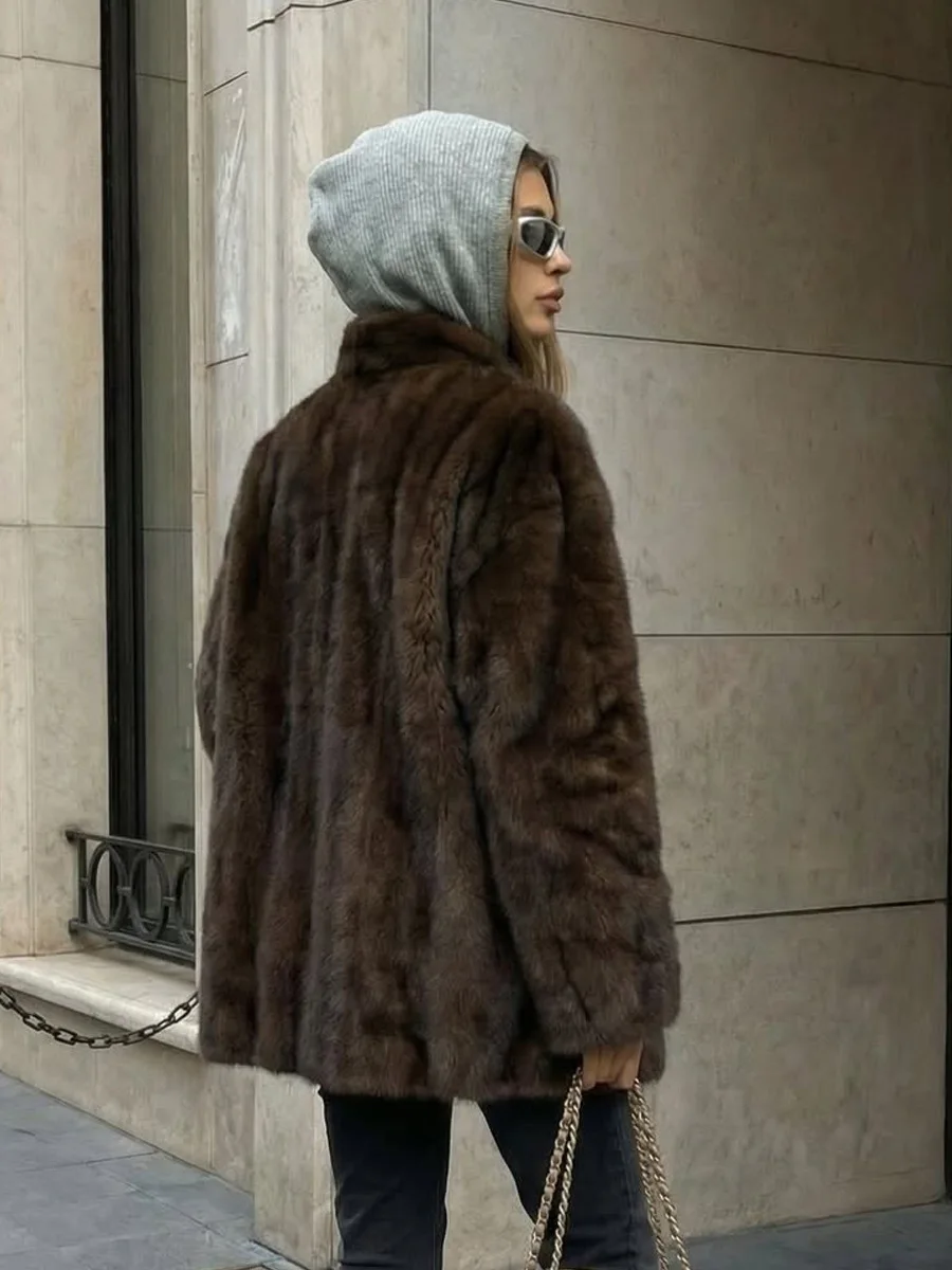 Winter Luxury High Quality Elegant Stand Collar Casual Fluffy Mink Fur Jacket Women High Quality Thick Warm Faux Mink Fur Coat