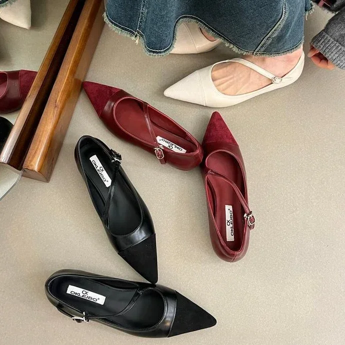 Ballet Dance Shoes Pointed Toe Women Flats Loafers 2024 New Arrivals Black Red White Belt Buckle Ladies Autumn Spring Dress Shoe