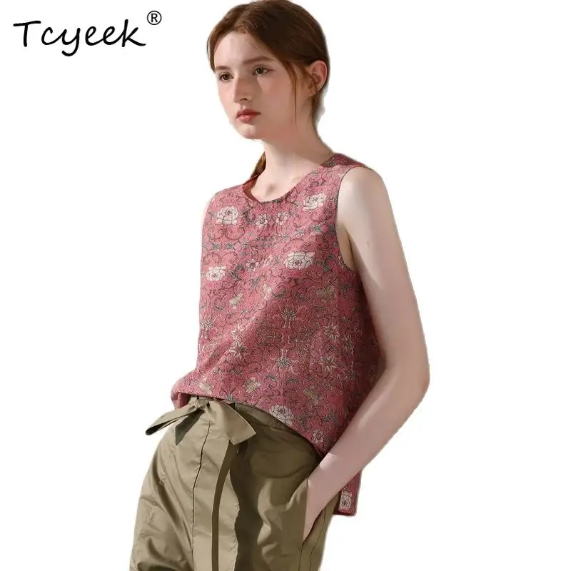 

Tcyeek, элегантный жилет из 30% шелка, 70% хлопка, женский жилет без рукавов с принтом, универсальный милый топ в стиле ретро, лето 2024, T46630QC