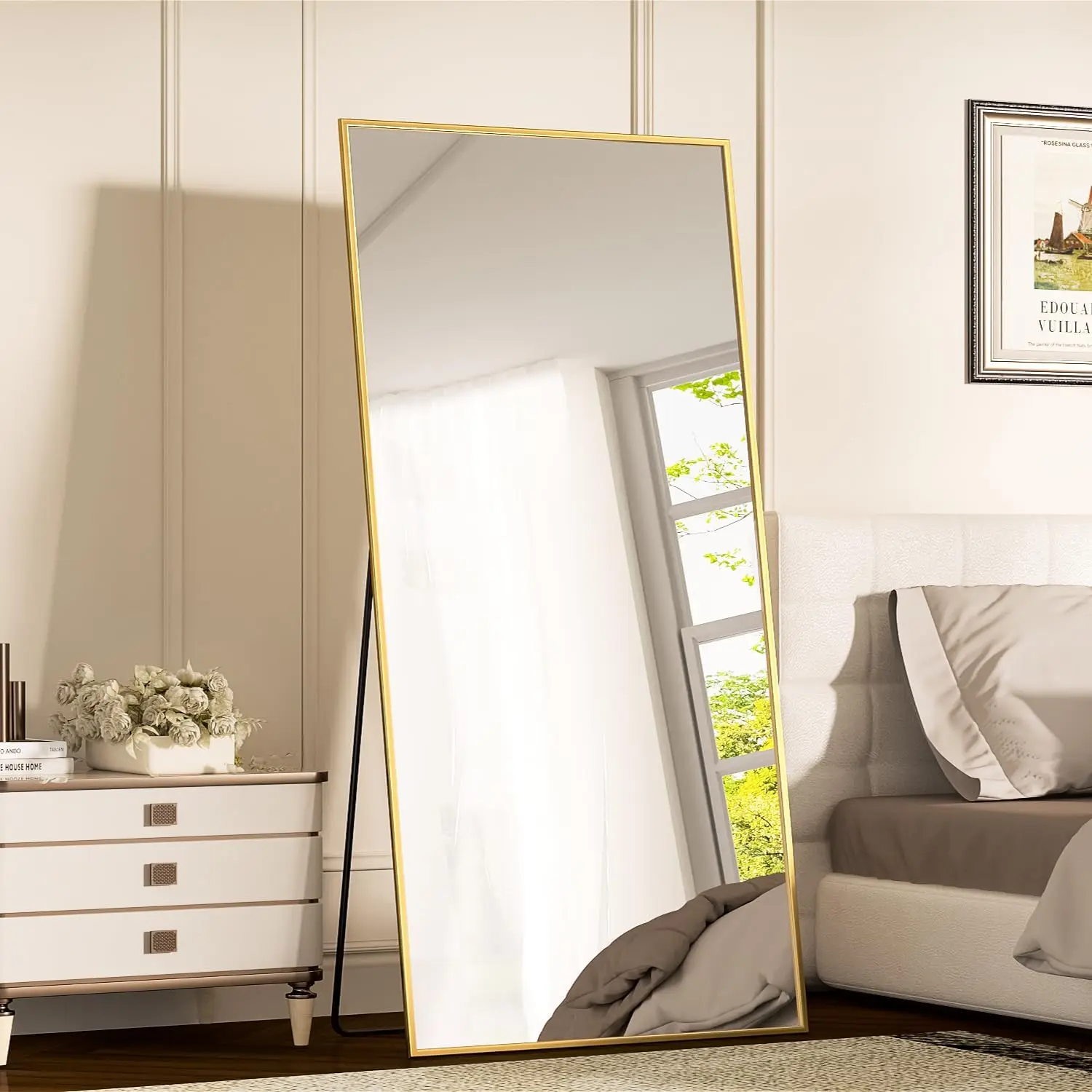 71"x32" Full Length Floor Mirror with Stand Nano-Strengthened Lenses Technology Bedroom Body Mirror Large Gold Leaning Mirror