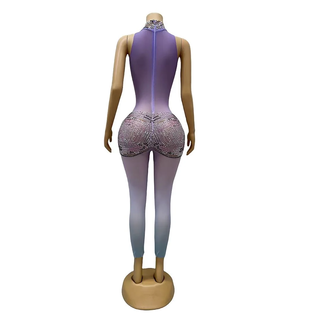 Mono morado con piedras de colores brillantes, traje de baile elástico con cuentas ajustadas, fiesta de graduación, club nocturno, cantante, traje de actuación C137