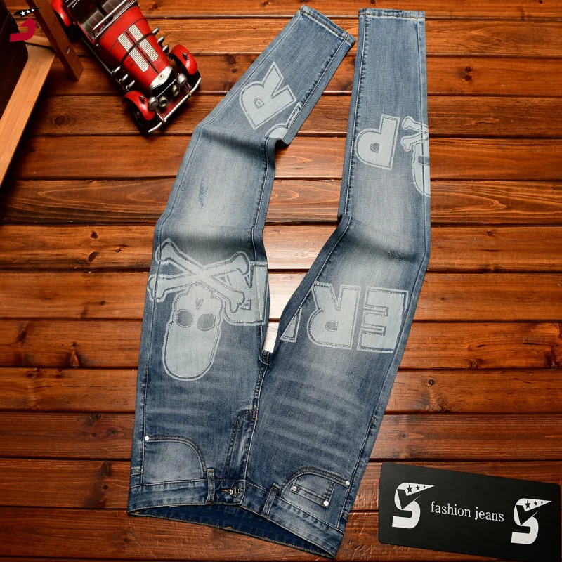 

Новые мужские джинсы с принтом Весна-Лето 2026, с декором из страз, облегающие, эластичные, тонкие, в уличном стиле