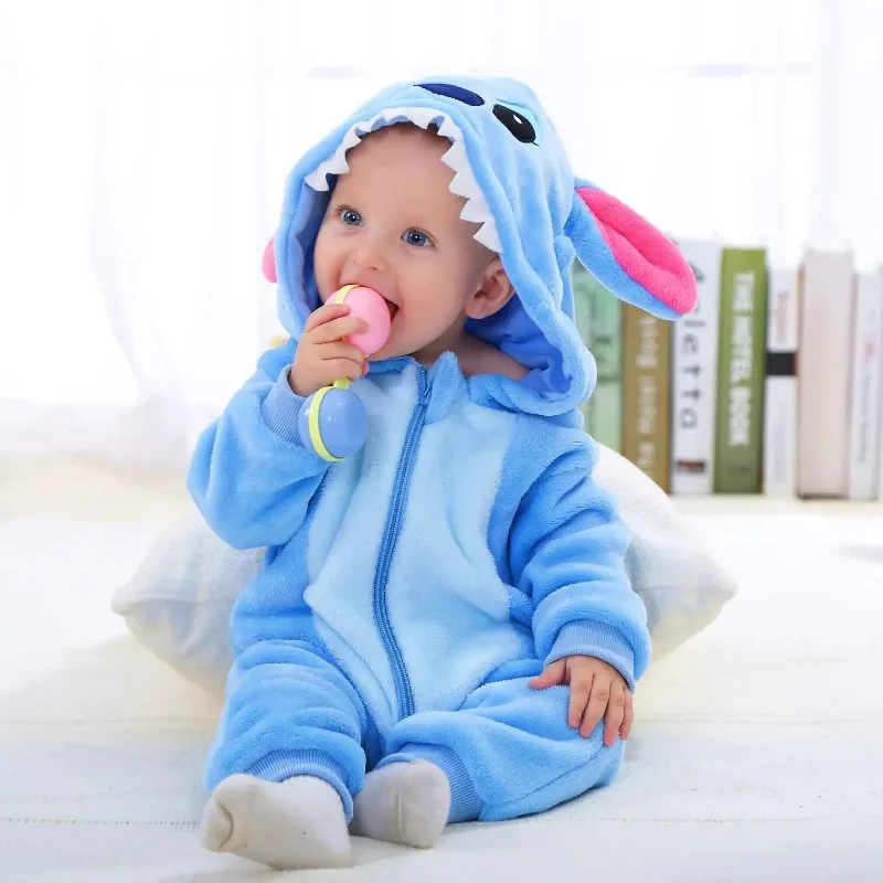 Kawaii Stitch Infants and young children jumpsuits  anime children Flannel thickening Home Furnishings Animal crawling clothing