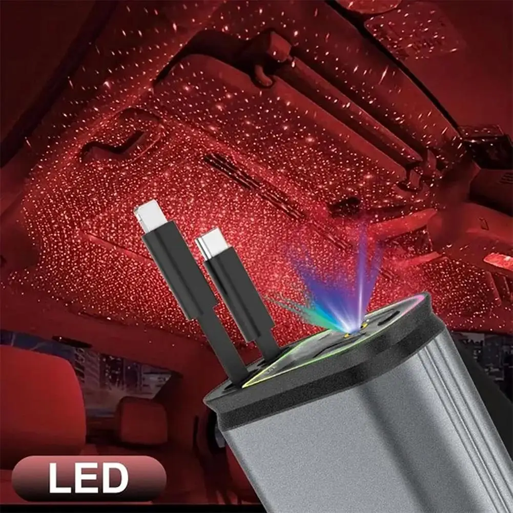 4 In 1 Retractable Car Charger Starlight In Car Roof 100w Star Night Light Double Type C Fast Charging Car Adapter For Ipho T3D3