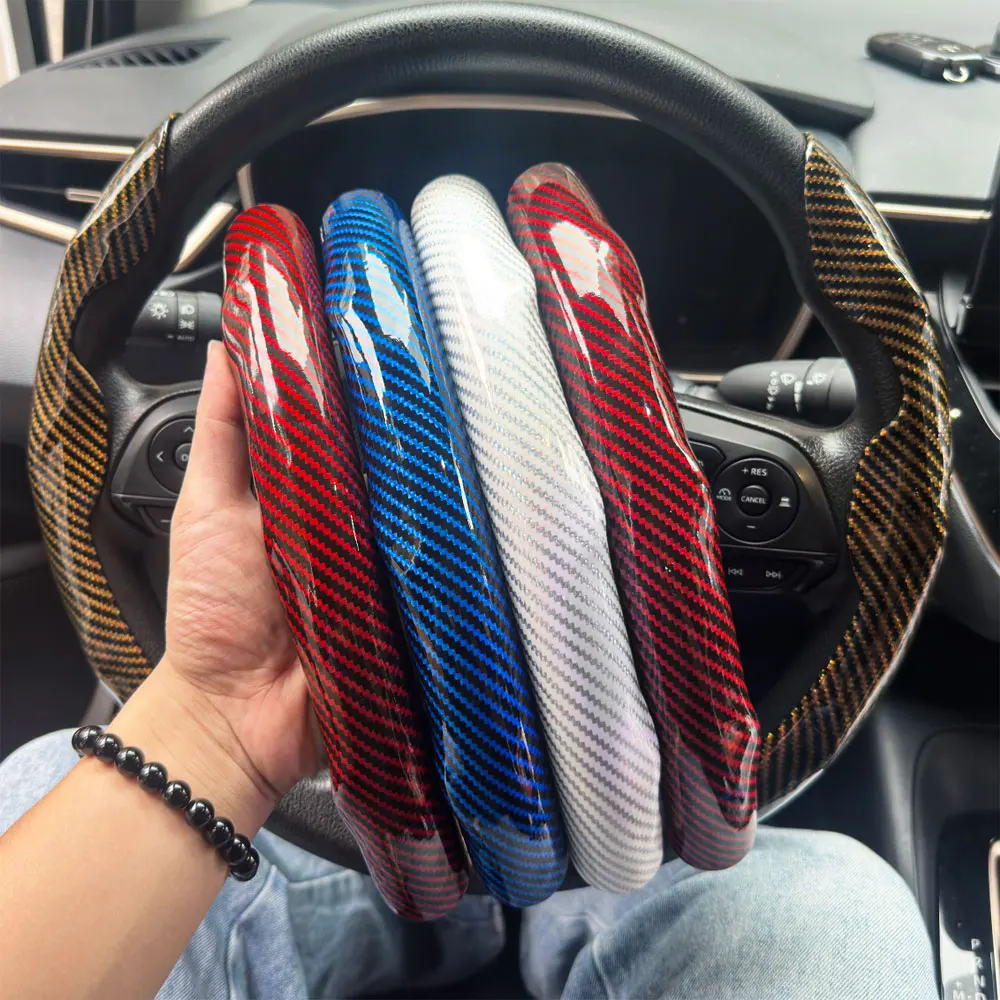 2PCS Laser Carbon Fiber Silicone Car Round Steering Wheel Cover Fiber Leather Wheel Booster Auto Cover Non-Slip Universal parts