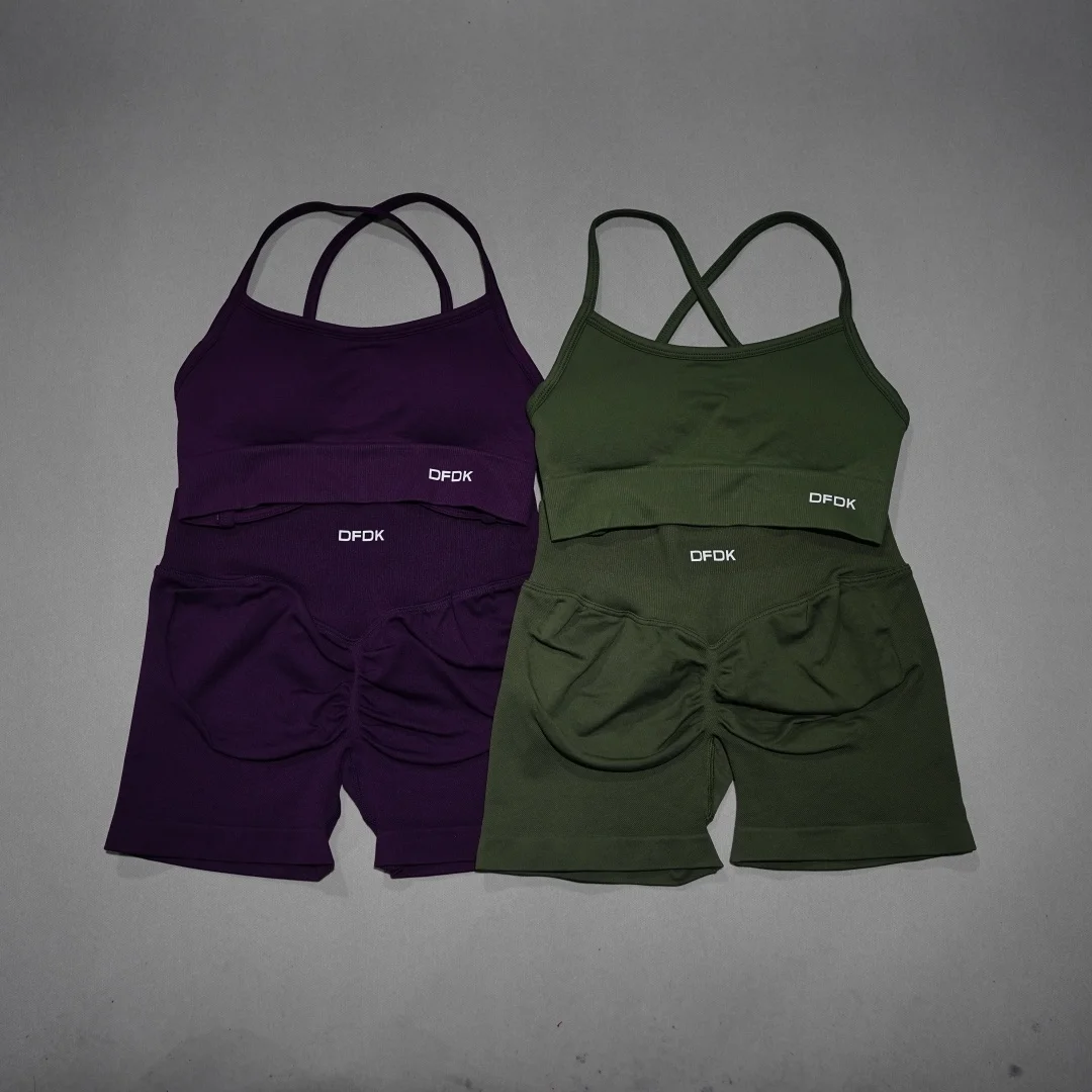 

DFDK Lace Up Yoga Two-Piece Set, Seamless Sports Bra, High Waist Short Leggings, Breathable Fitness Gym Wear