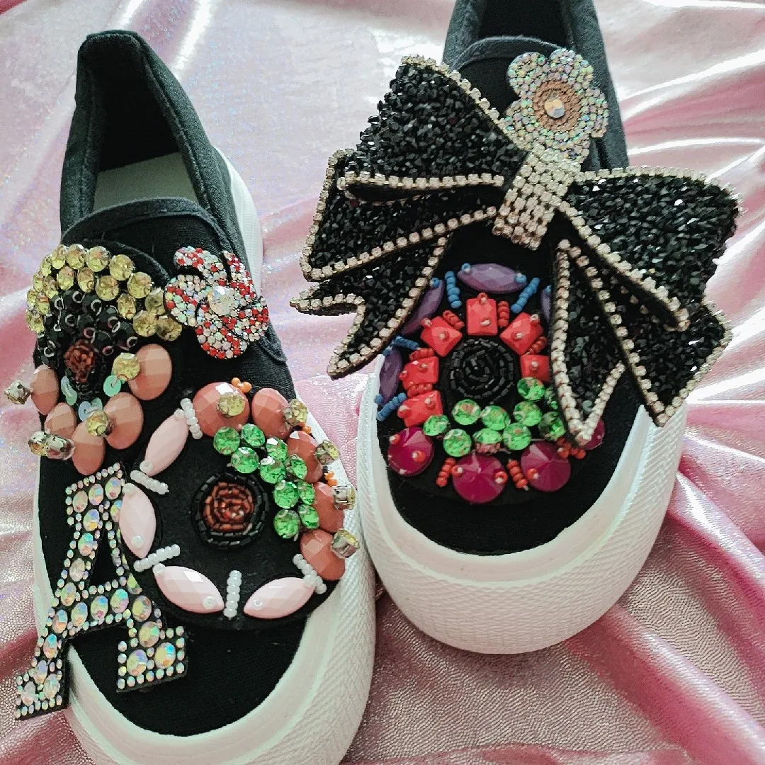 Black Sneakers Letter Rhinestone Crystal Bow Oversized Bow Flatform Sole Beaded Floral Letter Espadrilles 3cm Flats Women Shoes