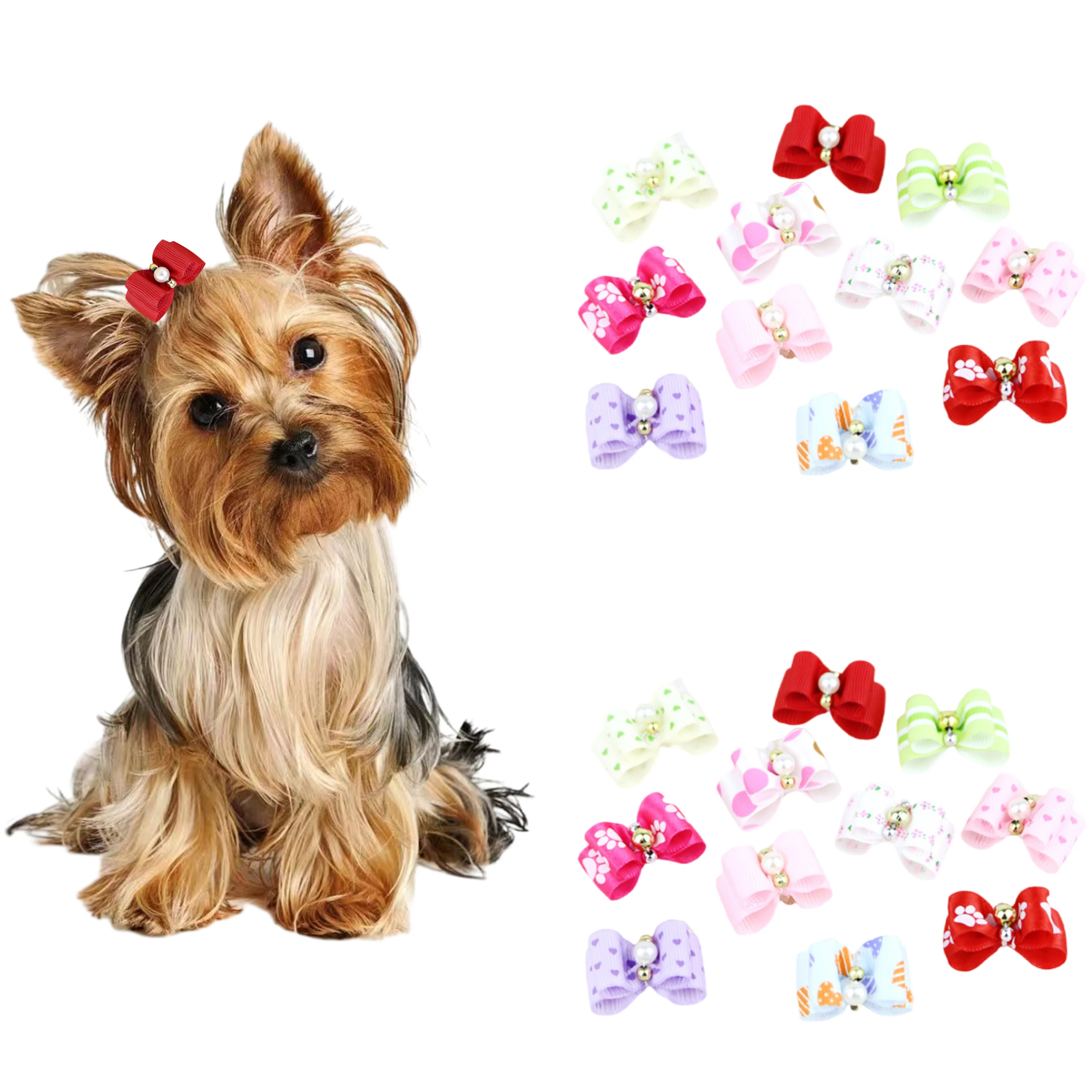 Wholesale 100 PCS Small Dog Hair Clips With Rubber Band Cute Rhinestone Hair Bows Puppy Ribbon Bowknot Pet Hair Accessories